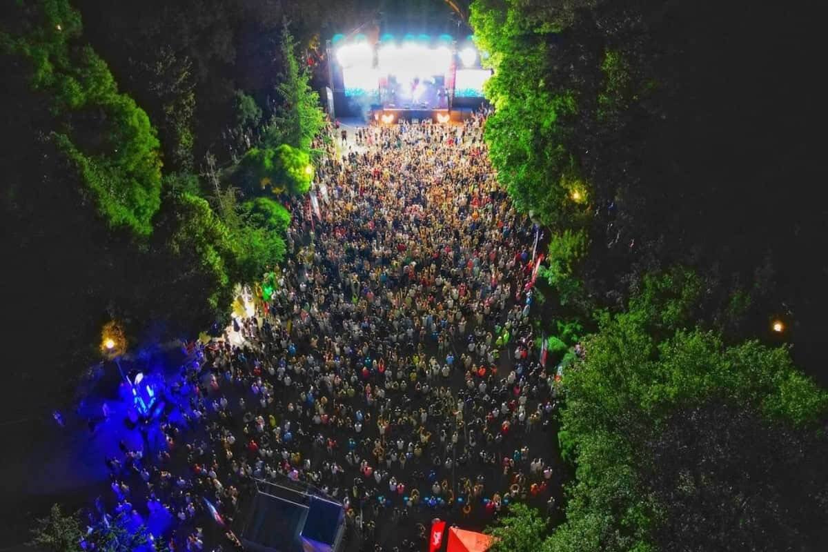 A large outdoor concert with a crowd and stage at night surrounded by trees.